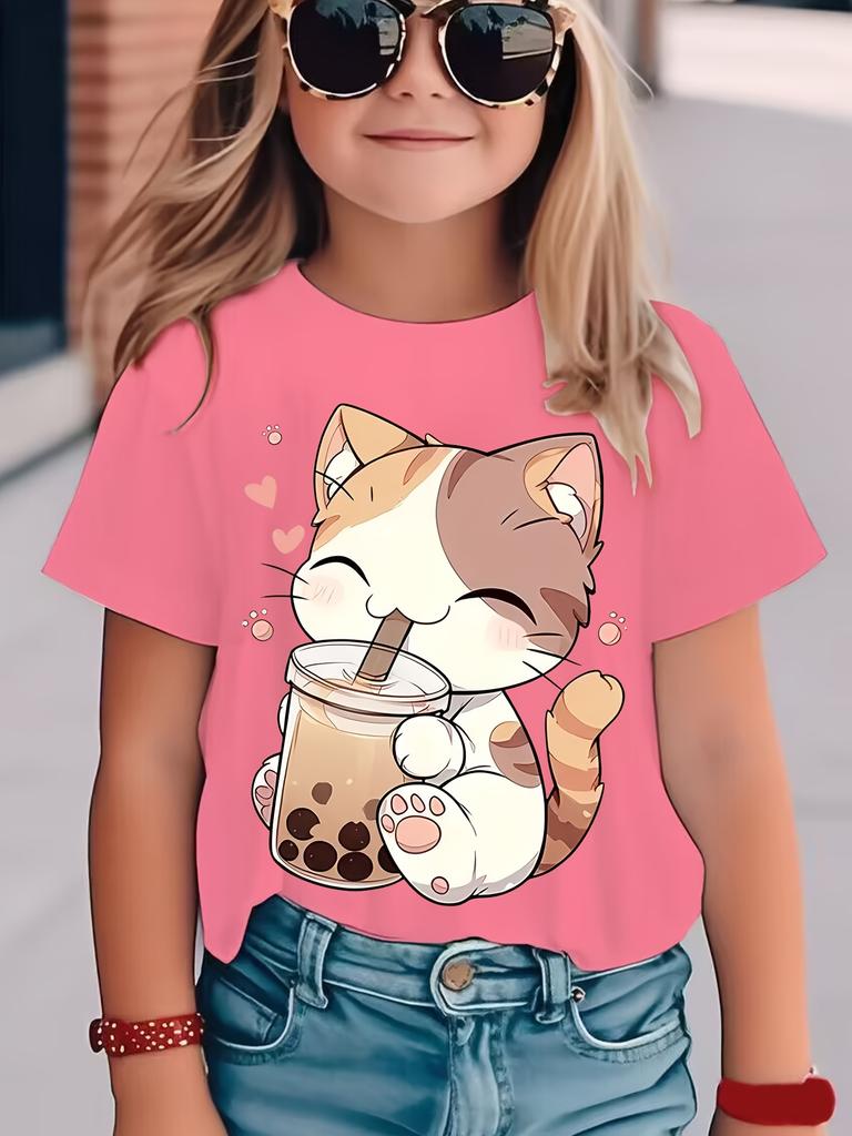 New Summer Girls Clothes Cartoon Cute Cat Graphic T Shirt Short Sleeve Tops for Girls Casual Children's Clothing