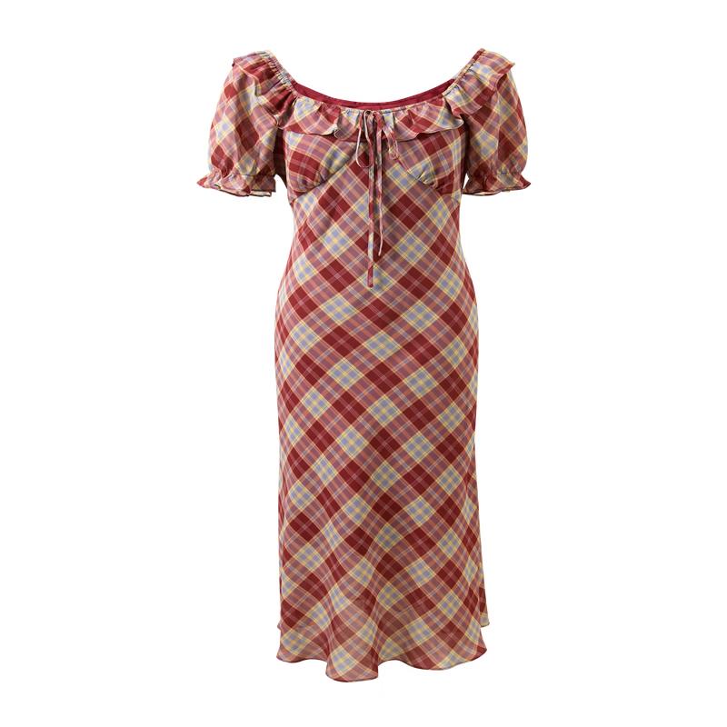 Plaid Chiffon Square Neck Puff Sleeve Long Dress S