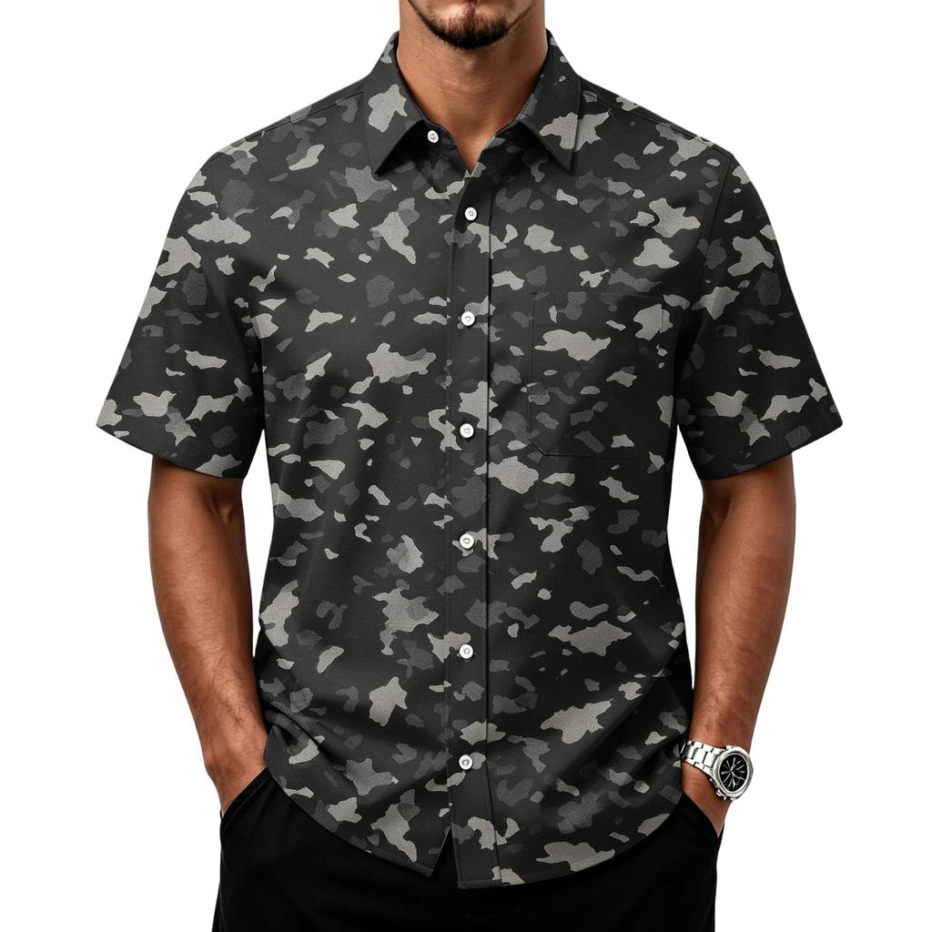 Men's Casual Short Sleeve Button Down Shirt Lightweight Breathable Fabric Classic Fit with Front Pocket Camouflage Print
