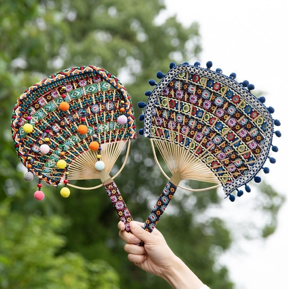 Creative Handmade DIY Bamboo Fan Material Set Double-sided Wooden Handle Handmade Fan Ethnic Style Round Fan Photography Prop