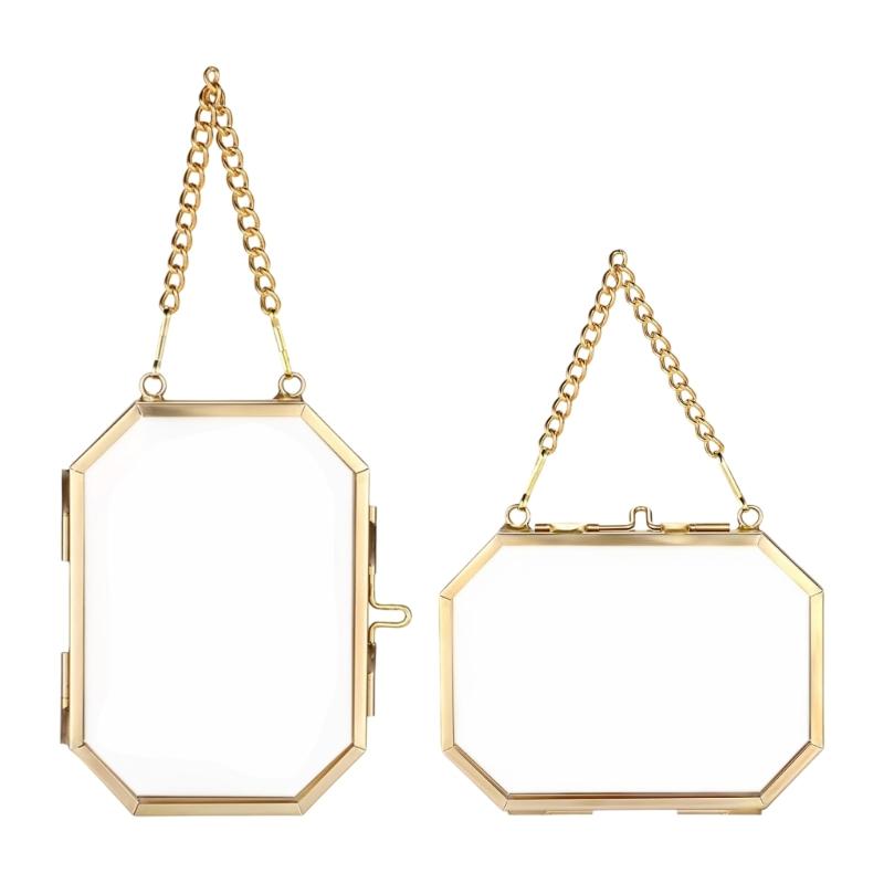 Glazen Ophanglijst Gouden Metalen Fotolijst Helder Glas Zwevend Frame Ophangbaar Werk Display Frame voor Gedroogd