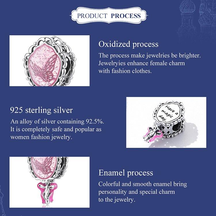 WOSTU 925 argint sterling roz prințesă magică oglindă farmec pandantiv cu mărgele se potrivește original colier brățară pentru femei bijuterii