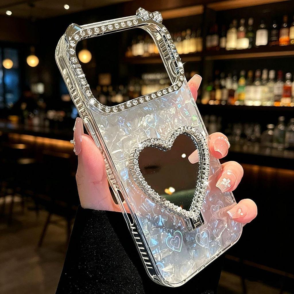 Luxury Rhinestone Heart Mirror Stand for iPhone 17 Pro Max/16 Pro/13 Case