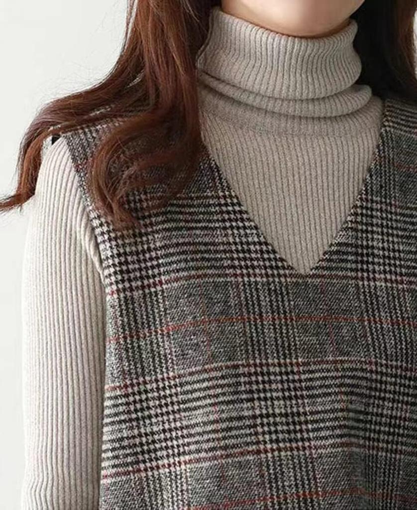 Religeuses Layered Tight Dress with Checkered Sleeveless Long Knit Dress Women's Print, V-Neck, (Medium)
