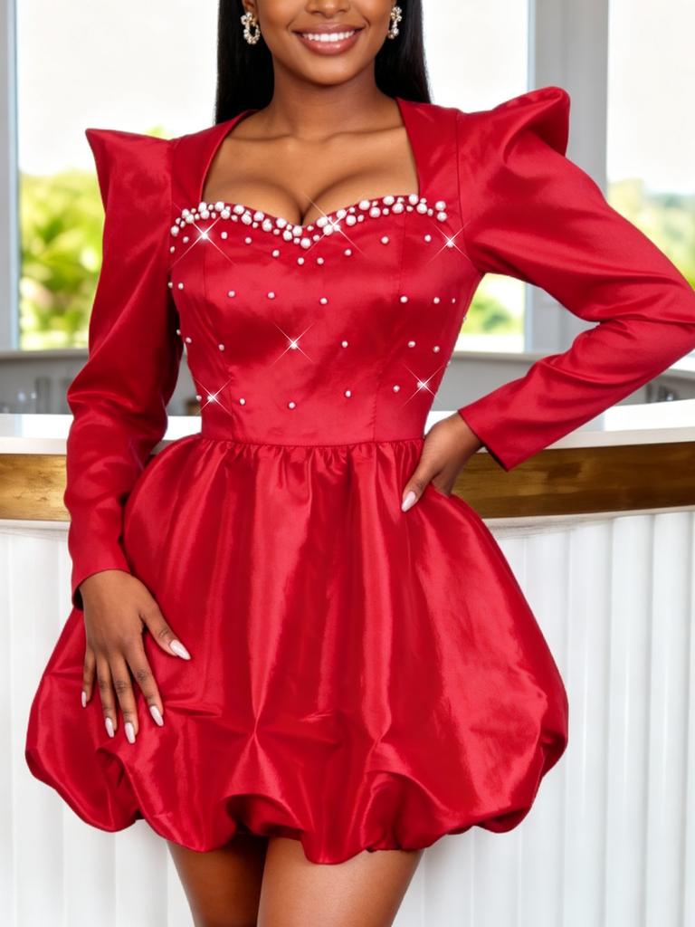 AOMEI Glossy A Line Mini Dress Sweetheart Neck Pearl Beaded Balloon Hem Gowns for Cocktail Party Birthday