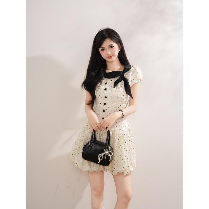 Thousand Gold Wind Bow Polka Dot Dress Women's Summer Retro Small Man Waist and Thin Temperament Fluffy Short Skirt