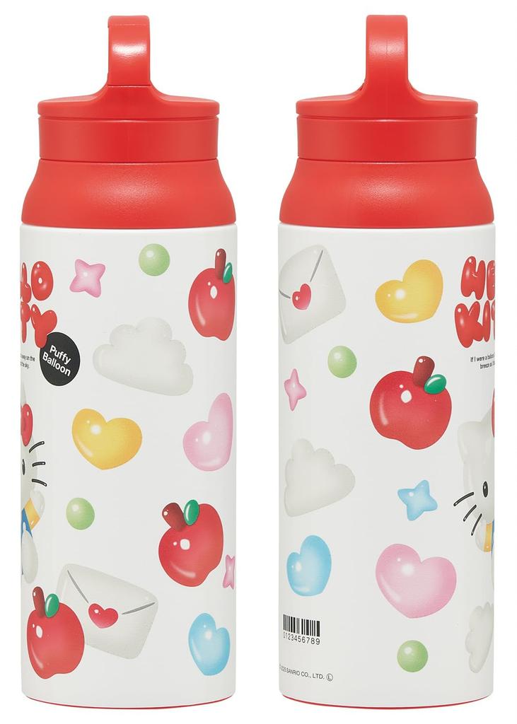 Skater Stainless Steel Water Bottle with Carabiner Vacuum Sanrio Hello Kitty Puffy Balloon Design STBC6-A Handle, Insulated, 600ml, Double-Layered
