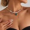 Fashionable Women's Choker Necklace with Green Zircon and Imitation Pearls Highlighting Neckline Elegant Charm
