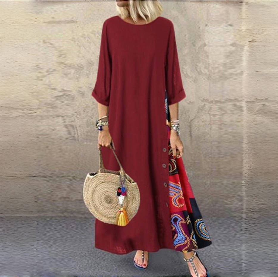 LYRIA Baumwolle Leinen Vintage Lange Kleider Damen Dreiviertelärmel Splicing Druck Lockeres A-Linien-Kleid Mode Lässig Damen Maxi Vestido