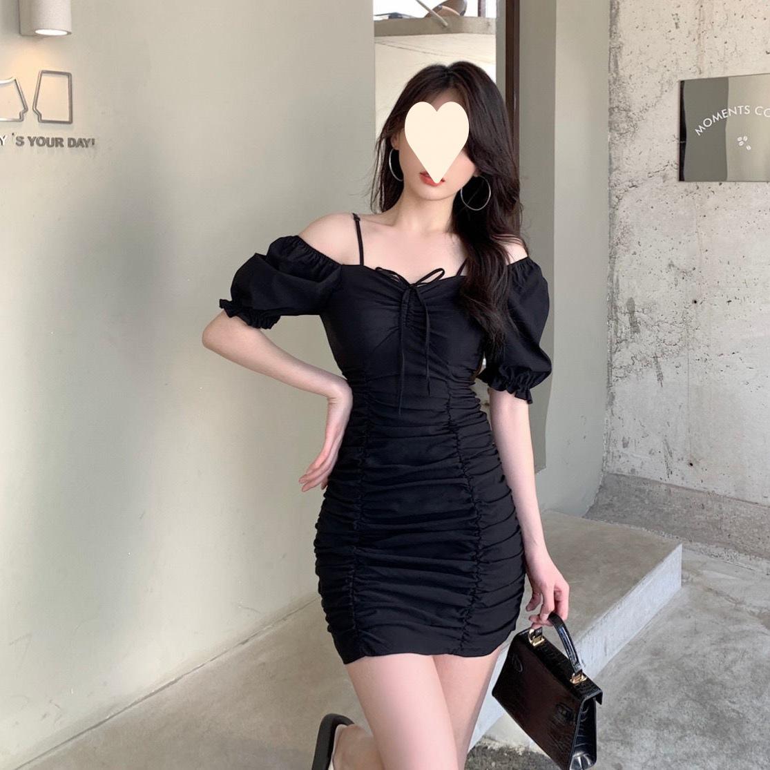 

Summer new Korean version temperament light and mature wind bubble sleeve pleated drawstring slim and thin dress women 2XL