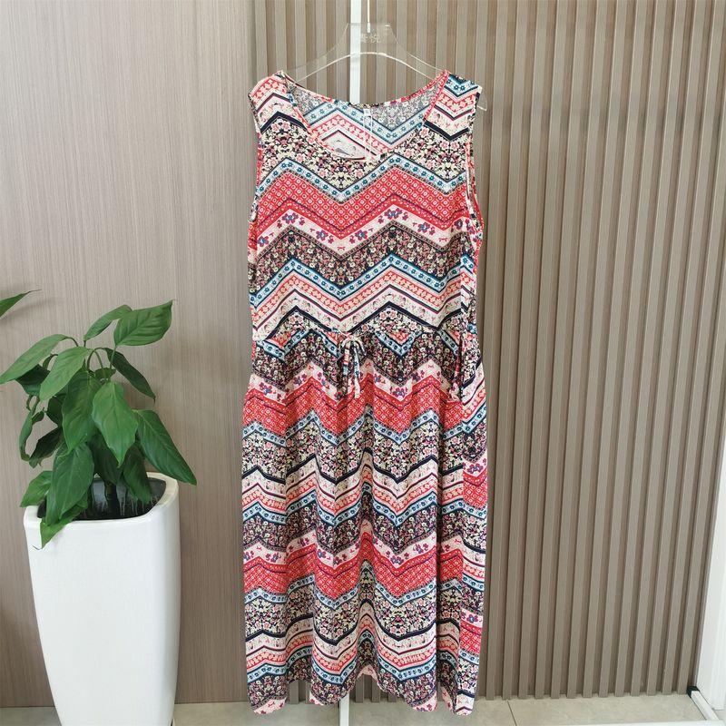 Summer Sleeveless Dress Cotton Silk Dress Drawstring Print Bohemia Beach Dress Home Wear Nightdress with Pockets