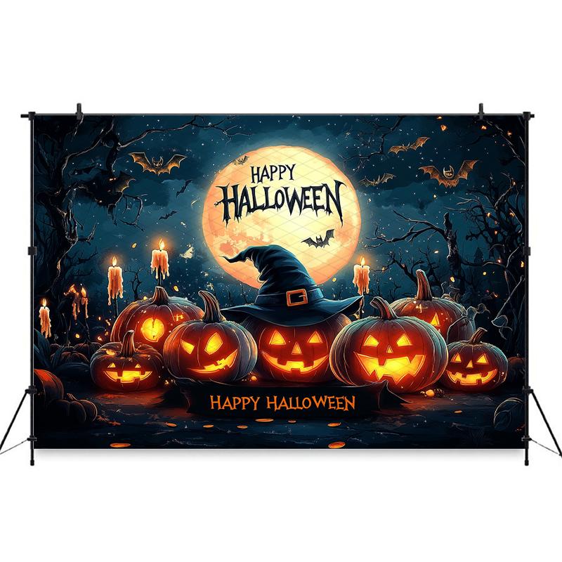 Mocsicka Happy Halloween Background For Photography Jack-O-Lanterns Party Backdrop Night Moon Bat Wizard Pumpkin Decor Photocall