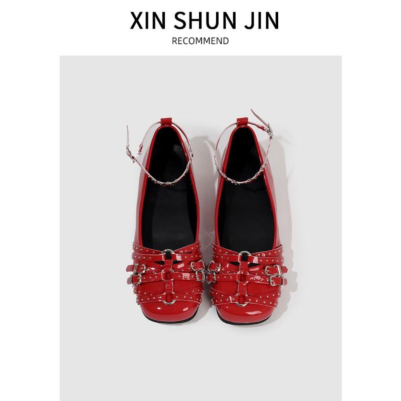 Ballet flats women's spring new leather retro single shoes inner height increase rivet shallow mouth Mary Jane shoes