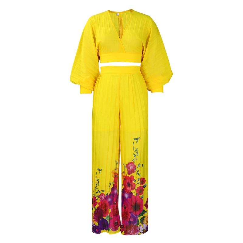 

Топ с V-образным вырезом и рукавами-фонариками из шифона, плиссированные брюки широкого кроя, комплект из двух предметов S