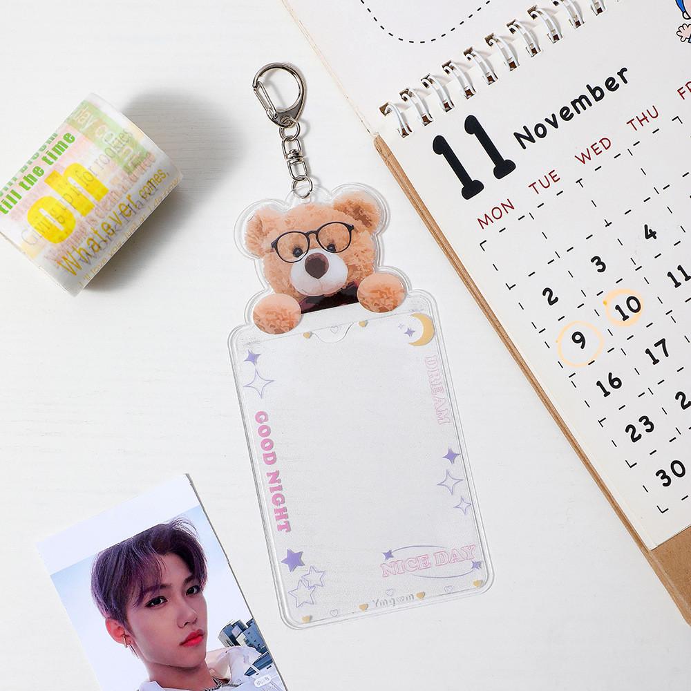 

Мультяшный брелок в виде медведя, держатель для фото, защитный чехол для проездного билета, студенческий рукав фиолетовый