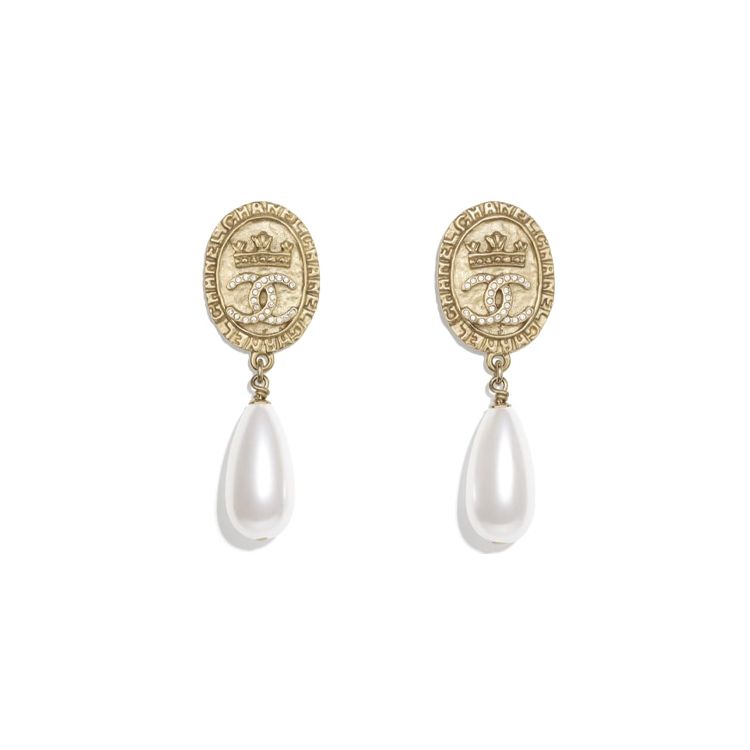 

Chanel Metallic Imitation Pearl Rhinestone Crystal Coin Shaped Earrings Women earrings Gold Pearl-White AB6670-B06125-ND160 Gold/White