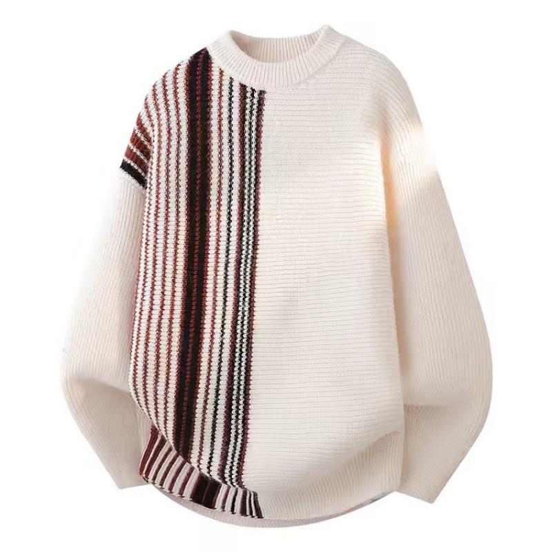 Mens Colorblock Knit Crewneck Sweater Long Sleeve Warm Acrylic Pullover Winter Daily Wear