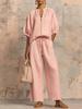 Women's Pink Short Sleeve V-Neck Zipper Front Drawstring Waist Wide Leg Pants Set