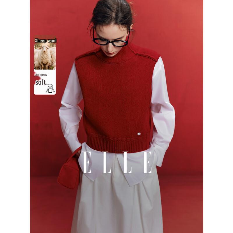 ELLE Lamb Wool High-Neck Sweater Vest & Shirt Set M