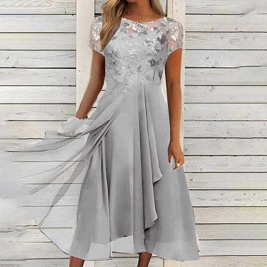 O-Neck Short Sleeve Waist Tight High-waisted Evening Dress Elegant Embroidery Lace Floral