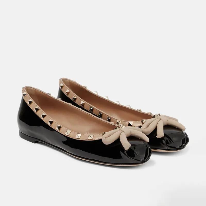 Fashion Bowknot Rivet Pleated Flat Sole Single Shoe Spring/Summer Comfortable Outdoor Hiking Commuting Mary Jane Ballet Student Shoes 44