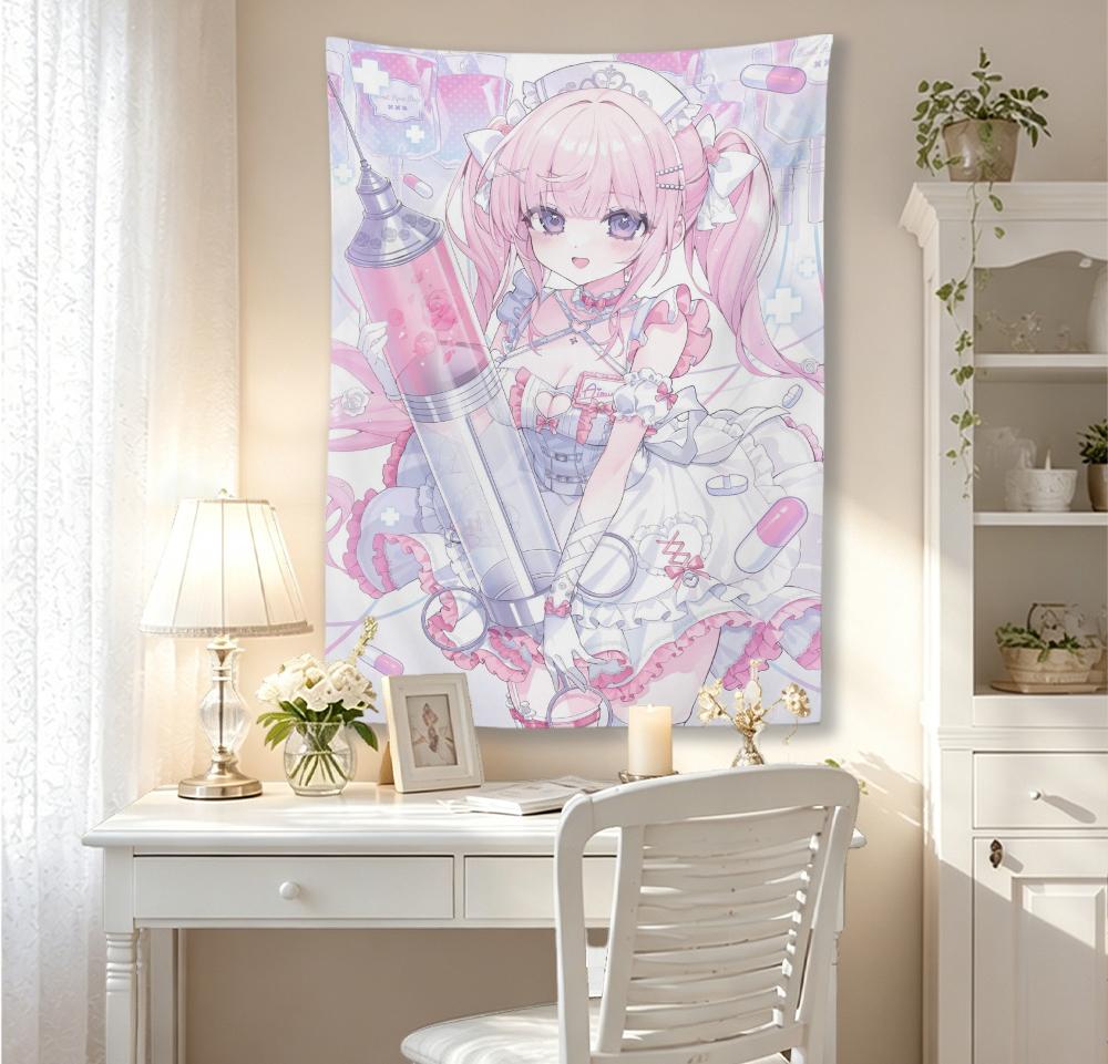 Kawaii Anime Nurse Girl Wall Tapestry Sweet Cute Manga Print Wall Hanging Aesthetic Dorm Bedroom Living Room Home Background