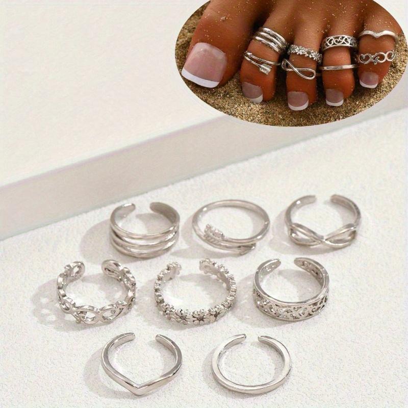 8 Pcs Fashion Style Ladies Stainless Steel Multi-Layer Flower Heart Shaped Foot Ring Suitable for Parties