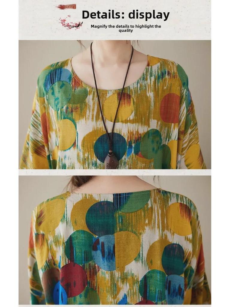 Boho dlhá sukňa letné šaty: Plus Size, Okrúhly výstrih, Krátky rukáv, pre ženy stredného a staršieho veku.