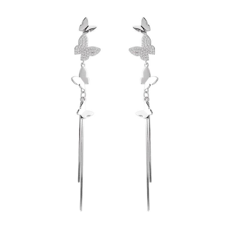 Sterling Butterfly Earrings With Rhinestone Tassel Delicate Sweet Minimalist Drop Women 925 Sterling Silver