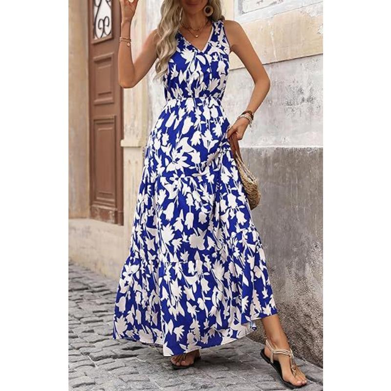 

women s V‑Neck Elastic Waist Sleeveless Floral Print Tiered Maxi Casual Dress 2XL синій
