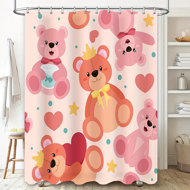 Cute Cartoon Animals Shower Curtain featuring Teddy Bears and Bunnies Pink Princess Castle Home Decor for Bathroom 72 x 72 Inche
