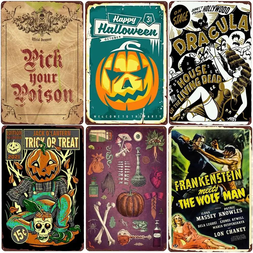 Halloween Party Vintage Metal Tin Sign Trick or Treat Home Bedroom Club Wall Decor Pumpkin Monster Poster Door Decorati
