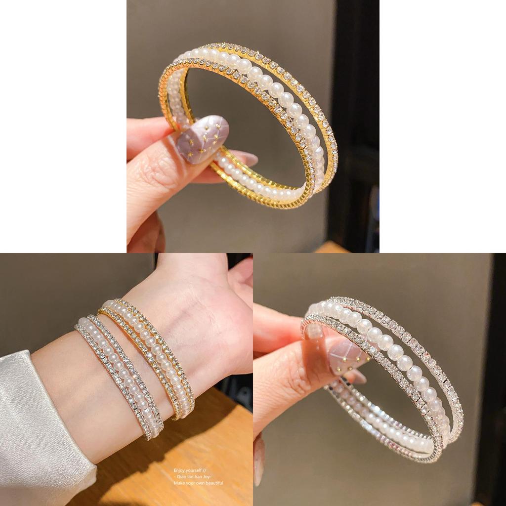 Pearl Beaded Threelayer Open Bracelet With Rhinestone Embellishments For Elegant Womens Jewelry