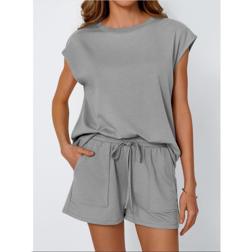 Women's Loose Fit Crew Neck Cap Sleeve Solid Pocket Drawstring Waist Short Pants Two Piece Casual Loungewear Set