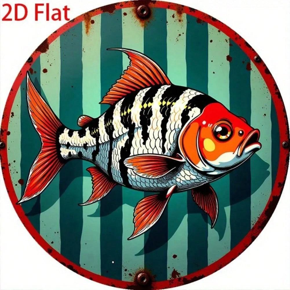 Vintage Flat Fish Metal Wall Art Green Blue Stripes Black White Trim Country Cottage Kitchen Decor