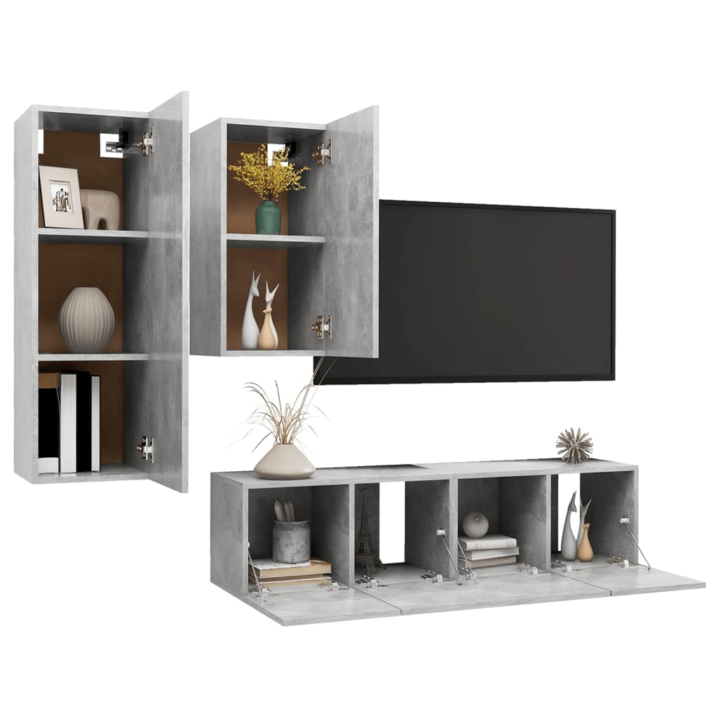 4 piece TV cabinet set concrete grey particleboard