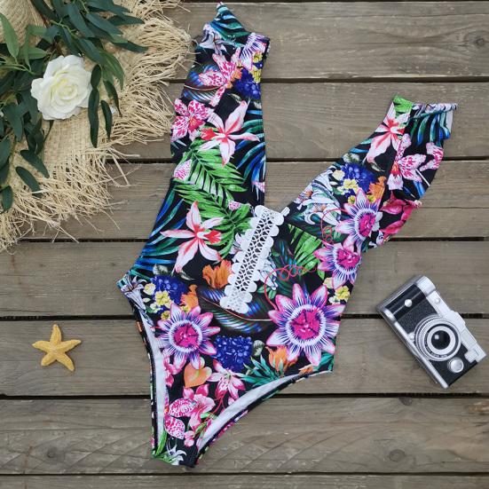 Women Monokini High Waist Backless Colorful Flower Print Deep V Neck
