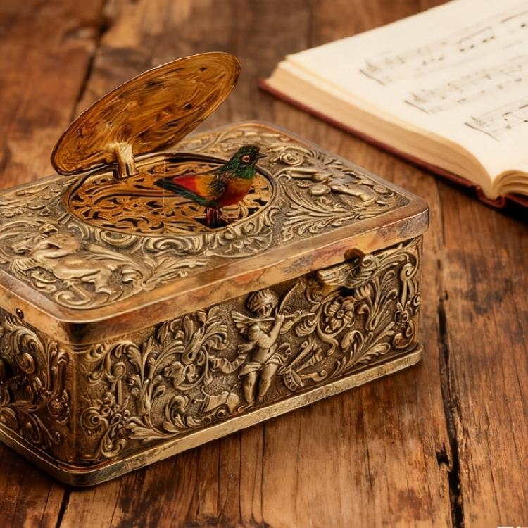 Kolekcjonerska Mechaniczna Pozytywka z Śpiewającym Ptakiem z Wytłaczanymi Motywami Liści 3D Antyczny Stop Nakręcana Dekoracja na Specjalne Wydarzenie