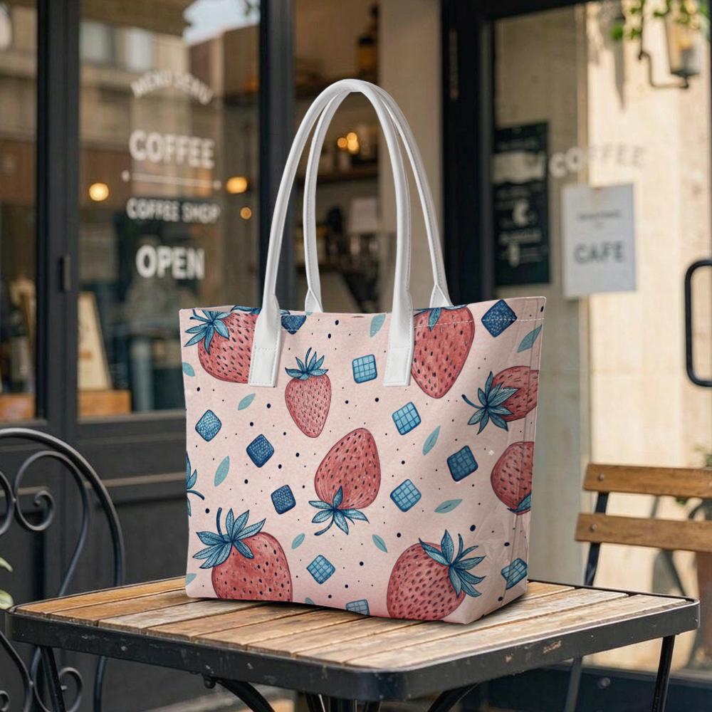 Cute Strawberry Print Tote Bag Portable Casual Shopping Shoulder Bag for Daily Use