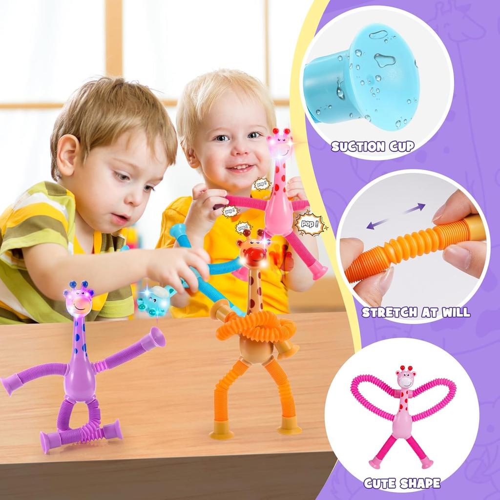 LED Giraffe Pop Tube Suction Cup Toys 4PCS, Easter Basket Stuffers Fidget Sensory Toys Telescopic Suction Cup Giraffe Toy