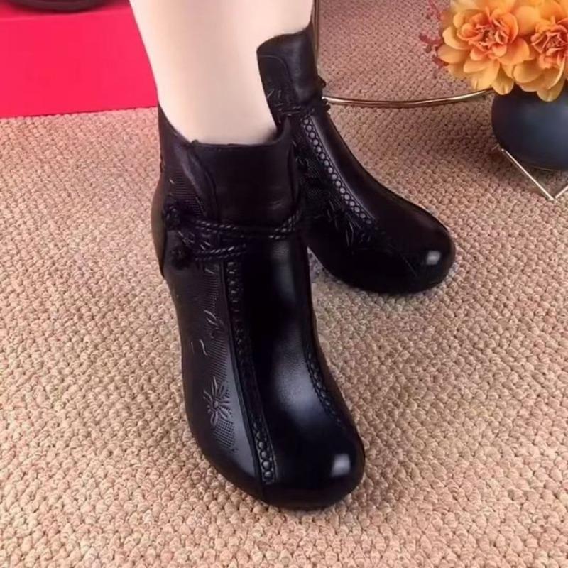 Retro Weiche Leder Stiefeletten, Baumwollstiefel, Damen Herbst- und Winter Einzelstiefel, Schuhe mit runder Spitze