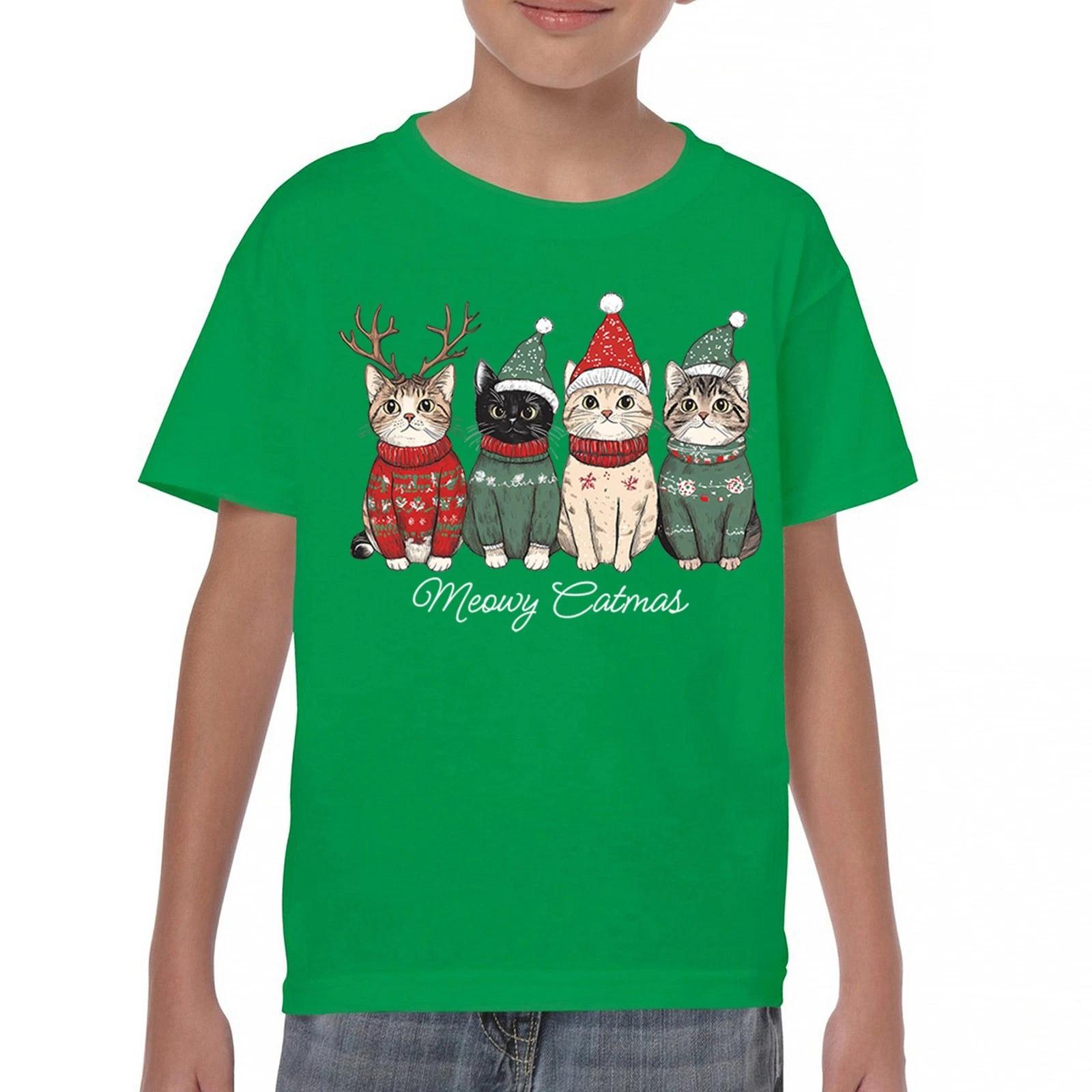 Meowy Christmas Youth kids boys T-Shirt Xmas Kitten in Ugly Sweaters Santa Cats Kids 150
