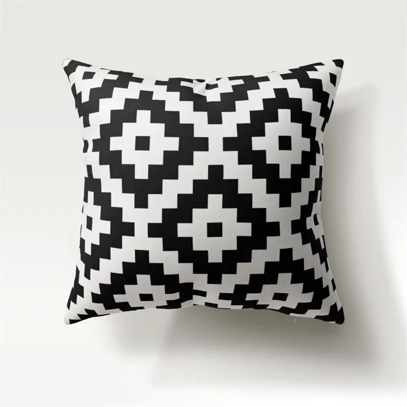 Black And White Geometric Pattern Throw Pillow Cover With Short Plush Print For Living Room Sofa Decoration Cushion Cover