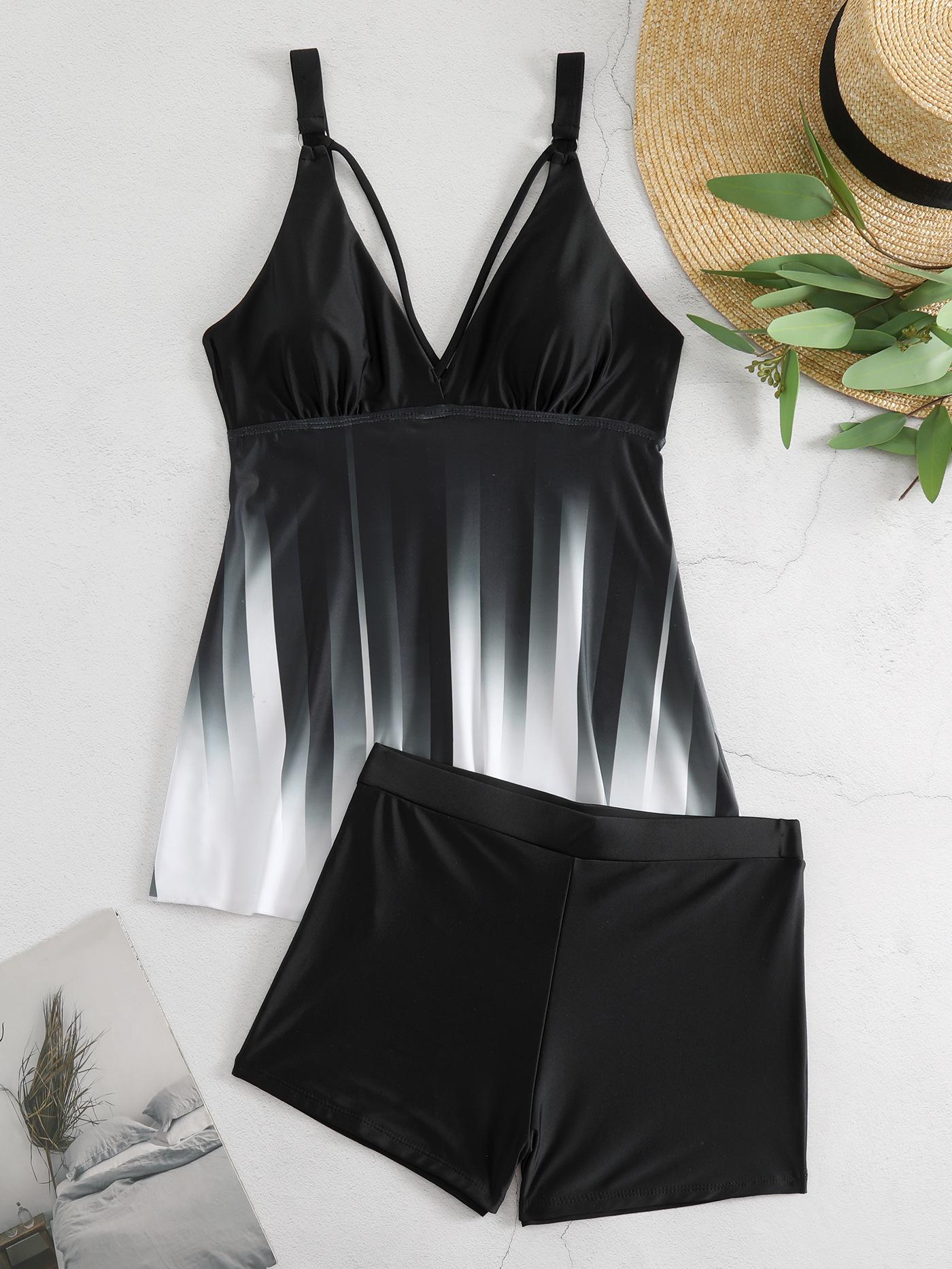 

Новый европейский и американский женский раздельный купальник танкини с юбкой и плавками с плоским вырезом для ног L чёрный