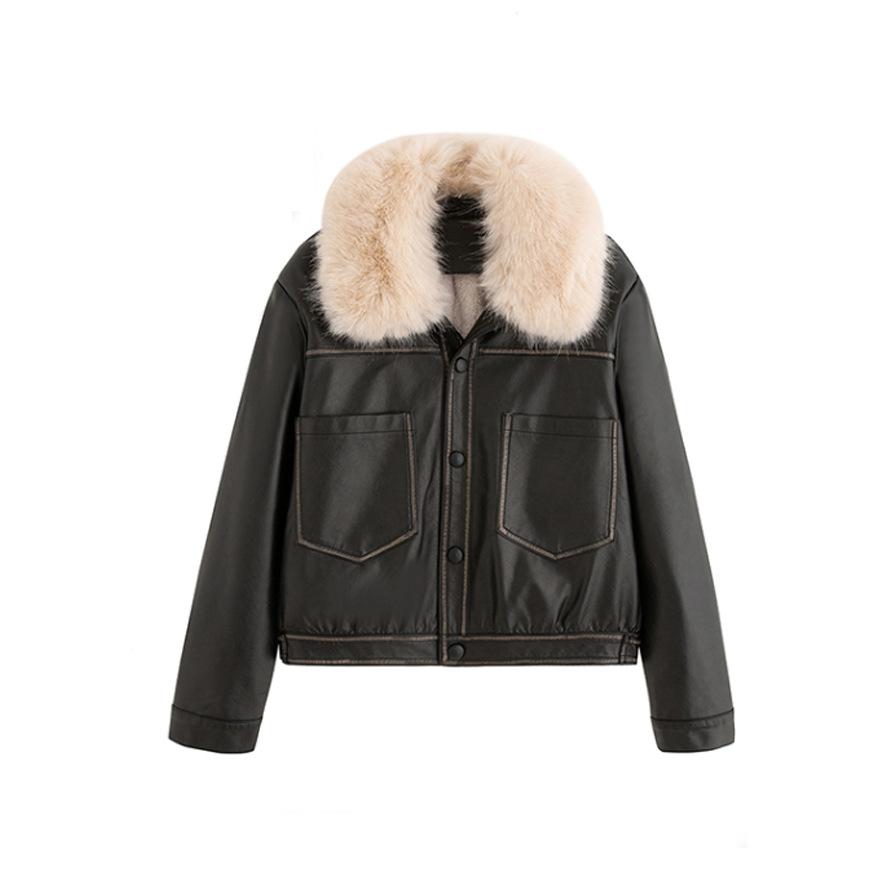 Fleece thickened leather jacket short coat women's winter new thin leather jacket motorcycle jacket top