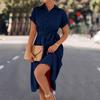 QICED Spring Summer Solid Color Print Short Sleeve POLO Neck Slim Shirt Lace-up Dress