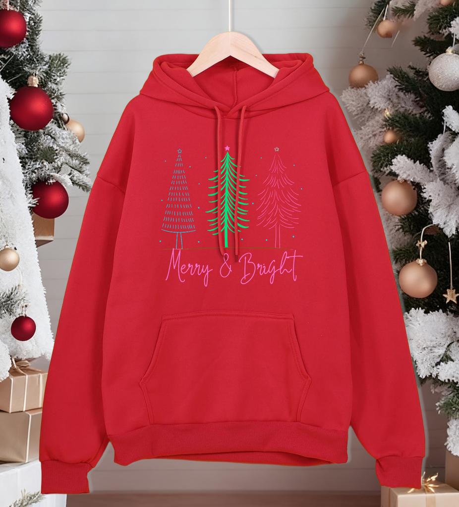 Merry Bright Christmas Trees Printing Men Hoodies Loose Casual Hoody Autumn Fleece Streetwear All-Match Pocket Pullovers