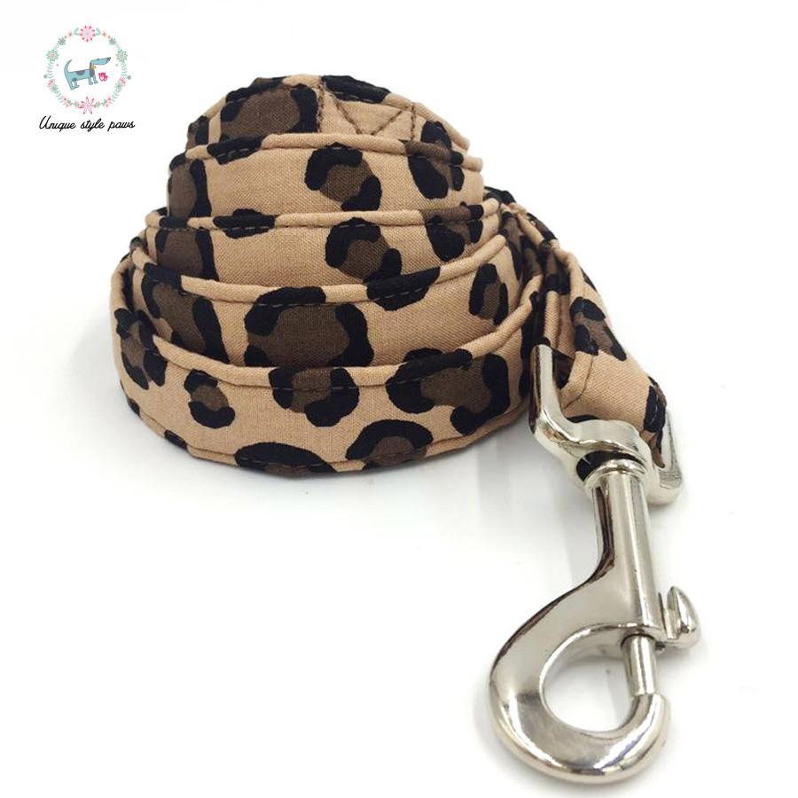 Unique Style Paws Leopard Print Dog Collar and Lead Set with Bow Tie Cotton Dog &Cat Necklace and Dog Leash