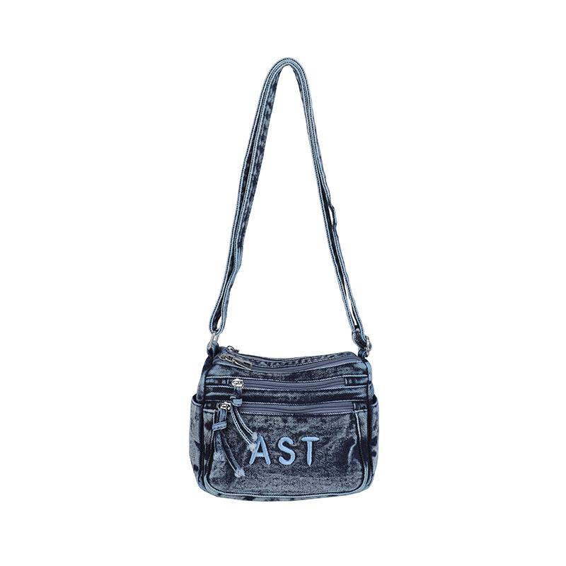 Dżinsowa torba z haftowanym napisem, wielokieszeniowa torba crossbody