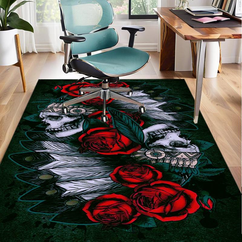Skulls And Roses Artwork Office Rug Chair Mat, Entryway Carpet, Suitable for Front Door, Bedroom, Living Room, Desk, Holiday Gift